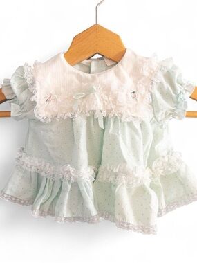 Vintage Cradle Togs Mint Green Polka Dot Baby Dress, Lace Colla